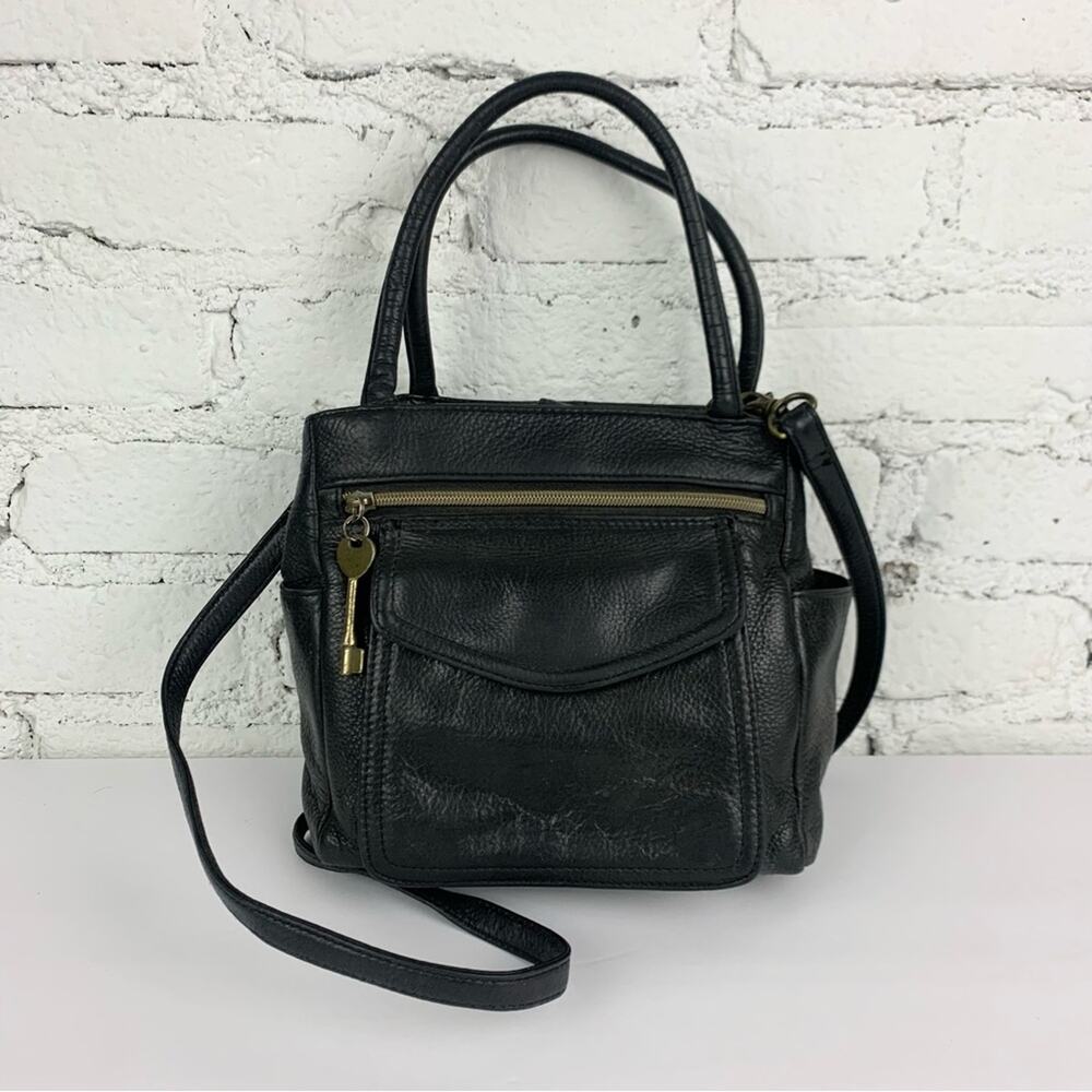 Fossil Black Pebbled Leather Mini Satchel Flap Handbag Crossbody Purse